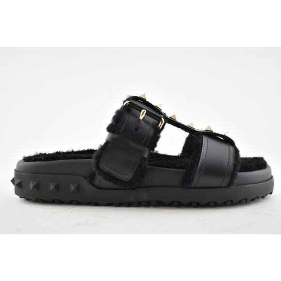 Valentino Rockstud Black Shearling Fur Caged Mule Slip On Slides Sandal Flat 36 - Picture 2 of 12